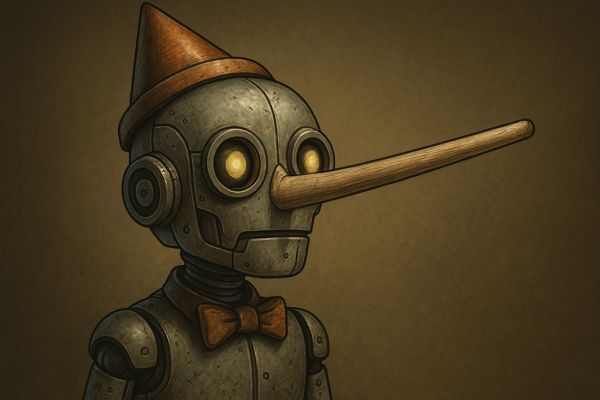 Robot Pinocchio representando el concepto de IA que miente