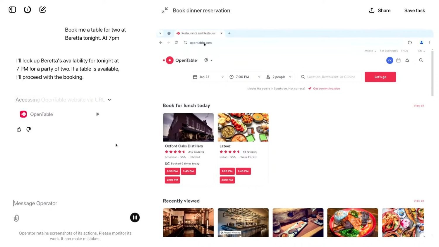 Interfaz del navegador mostrando una reserva de restaurante