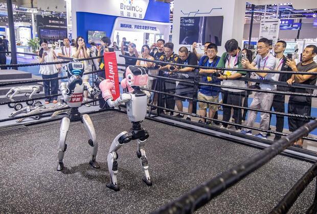 Robots compitiendo en un combate de boxeo en la Exposición Mundial de la Industria Inteligente 2025