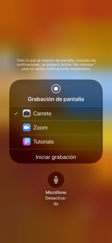 Interfaz de grabación de pantalla en iPhone