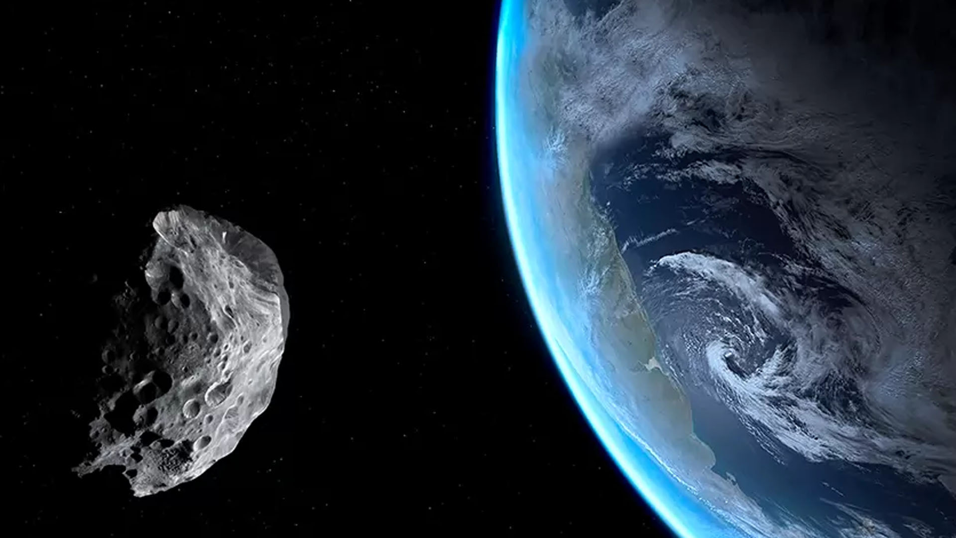 Representación de la Tierra y un asteroide en el espacio