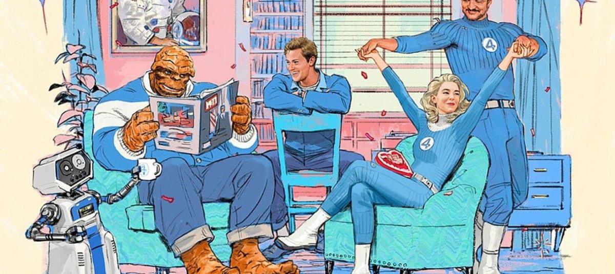 Los 4 Fantásticos en su ambiente retrofuturista