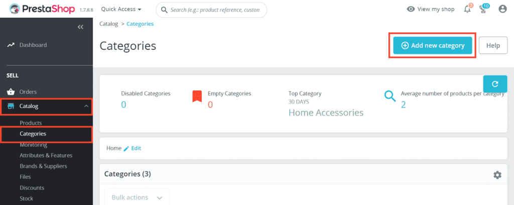 PrestaShop Category Management Interface