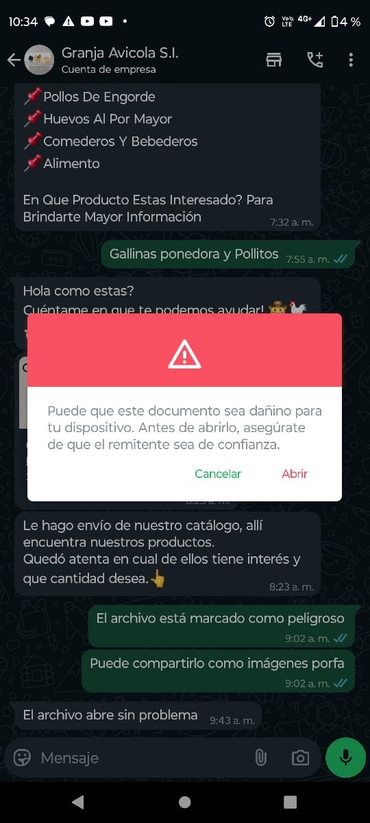 Interfaz de mensajería con advertencia de seguridad