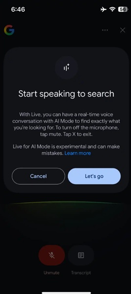 Interfaz de Google Search Live en modo conversacional