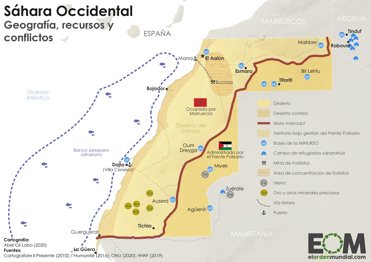 Mapa detallado del Sáhara Occidental mostrando recursos y zonas de conflicto