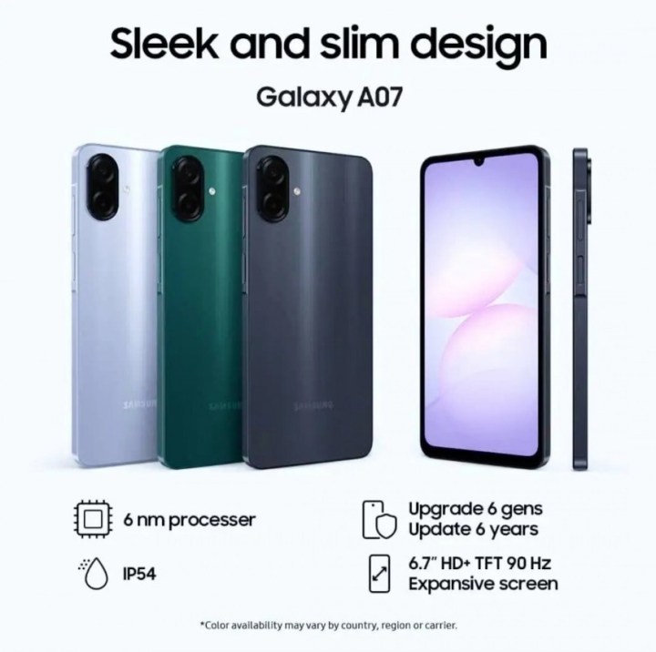 Samsung Galaxy A07 en sus tres colores disponibles: azul, verde y negro