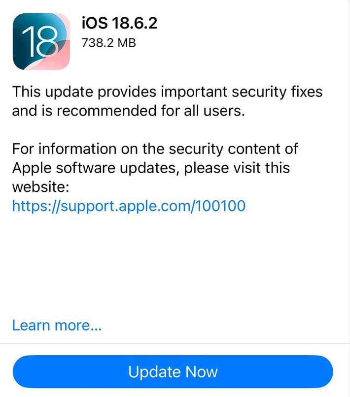 Actualización iOS 18.6.2 mostrando corrección de seguridad