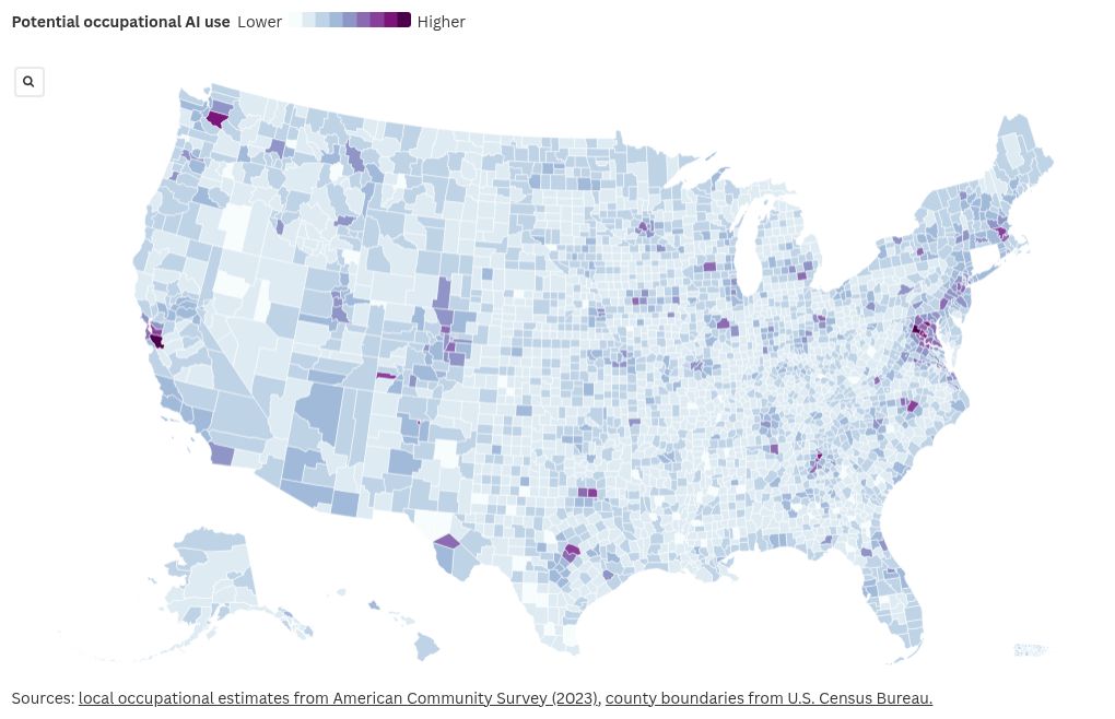 Mapa de uso de IA en diferentes regiones de EE.UU.