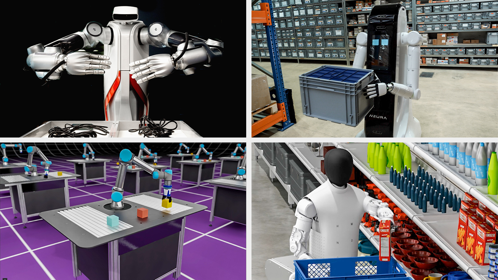 Cuatro imágenes mostrando diferentes aplicaciones de robots en diversos entornos