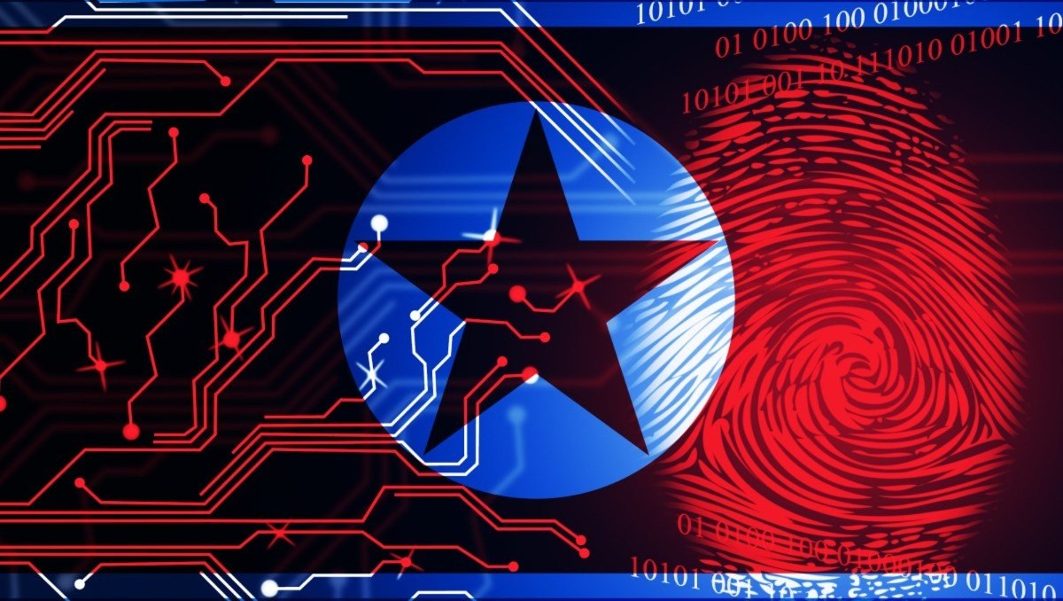 Bandera de Corea del Norte con elementos de ciberseguridad