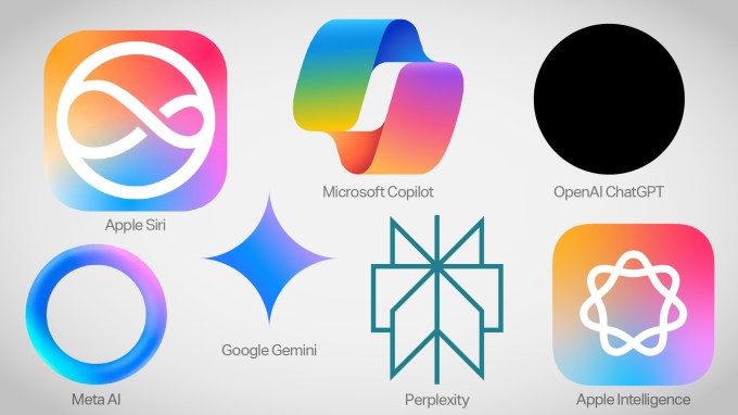 Logos de diferentes asistentes de IA incluyendo Siri y Gemini