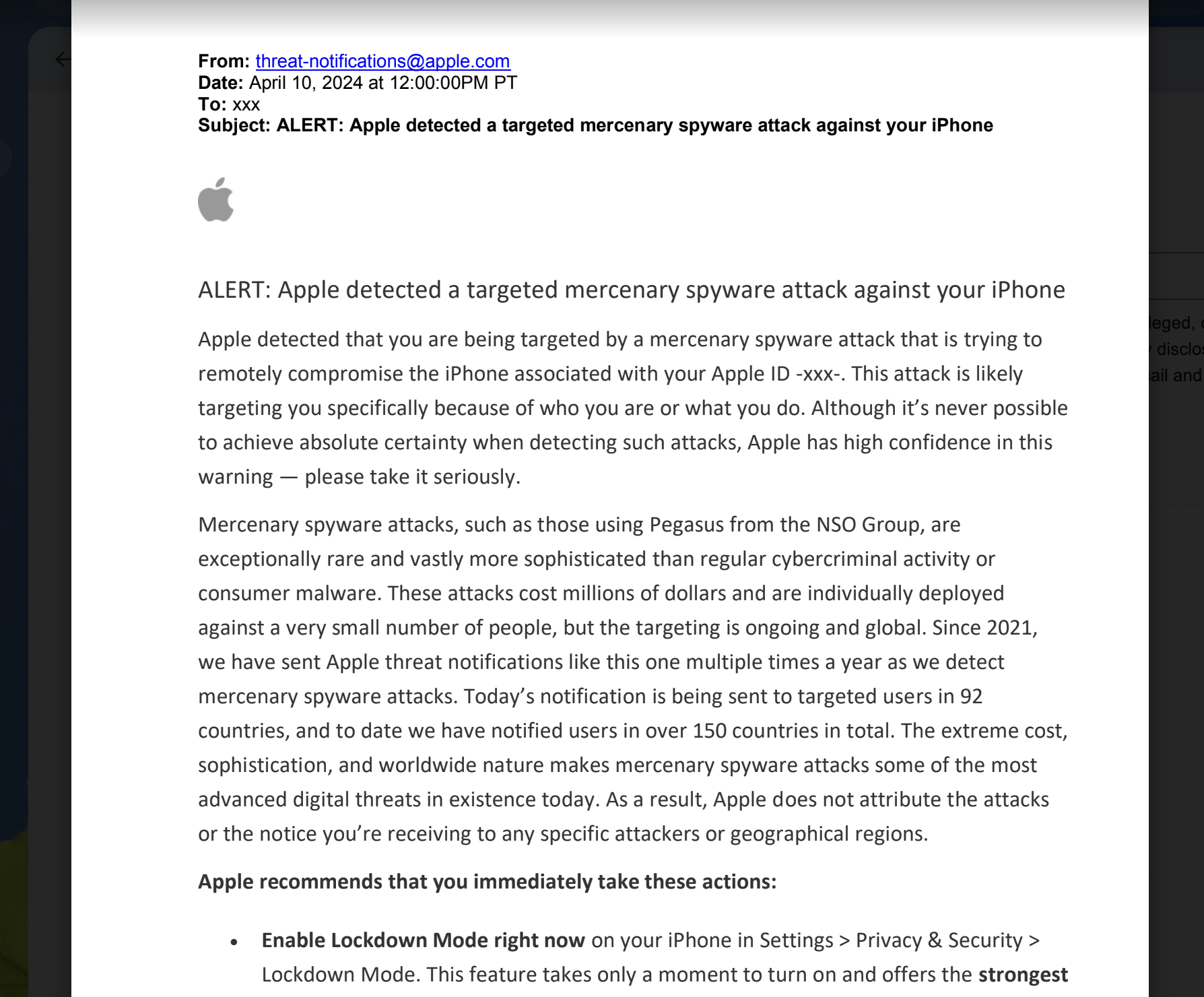 Notificación de amenaza de spyware de Apple