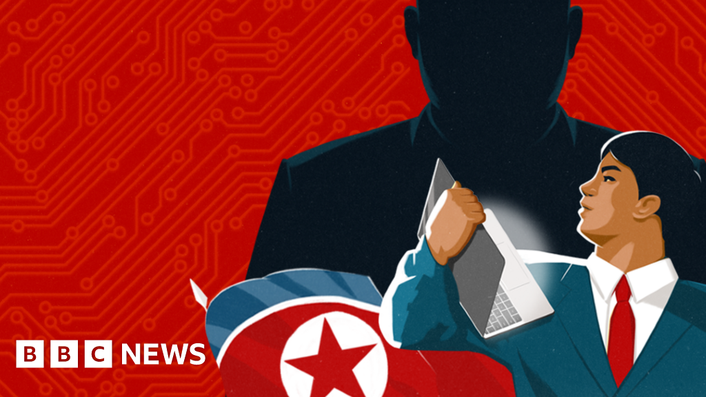 Imagen del grupo Lazarus con fondo de circuitos rojos y bandera de Corea del Norte