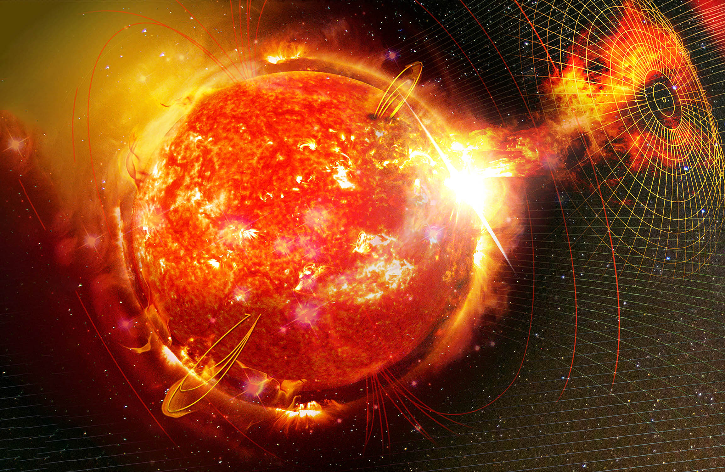 Imagen de una erupción solar masiva mostrando eyecciones de masa coronal
