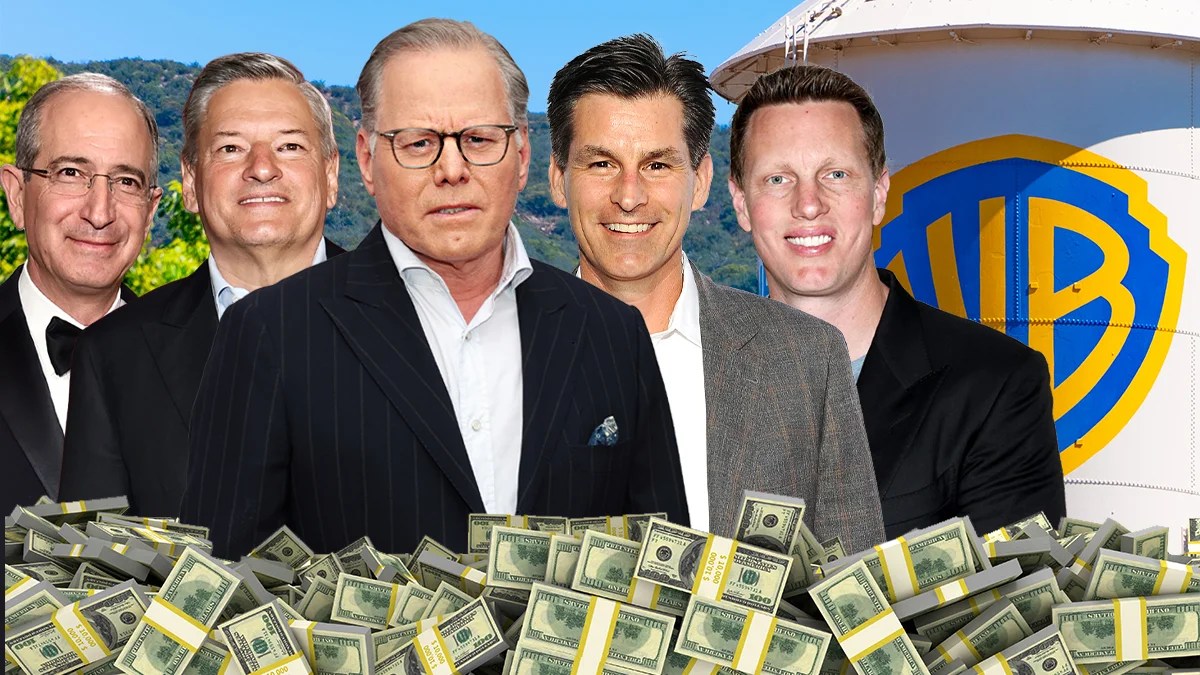 Pilas de efectivo y logos de empresas de streaming, simbolizando las grandes sumas de dinero en juego