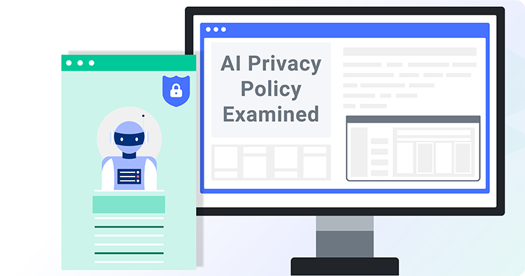 Pantalla de computadora mostrando políticas de privacidad de IA con un icono de robot