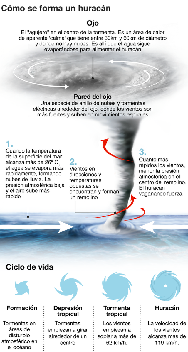 Diagrama mostrando la formación y ciclo de vida de un huracán