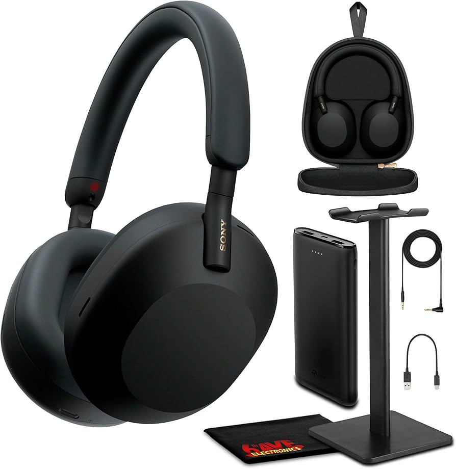 Sony WH-1000XM5 headphones shown with a case and third-party accessories