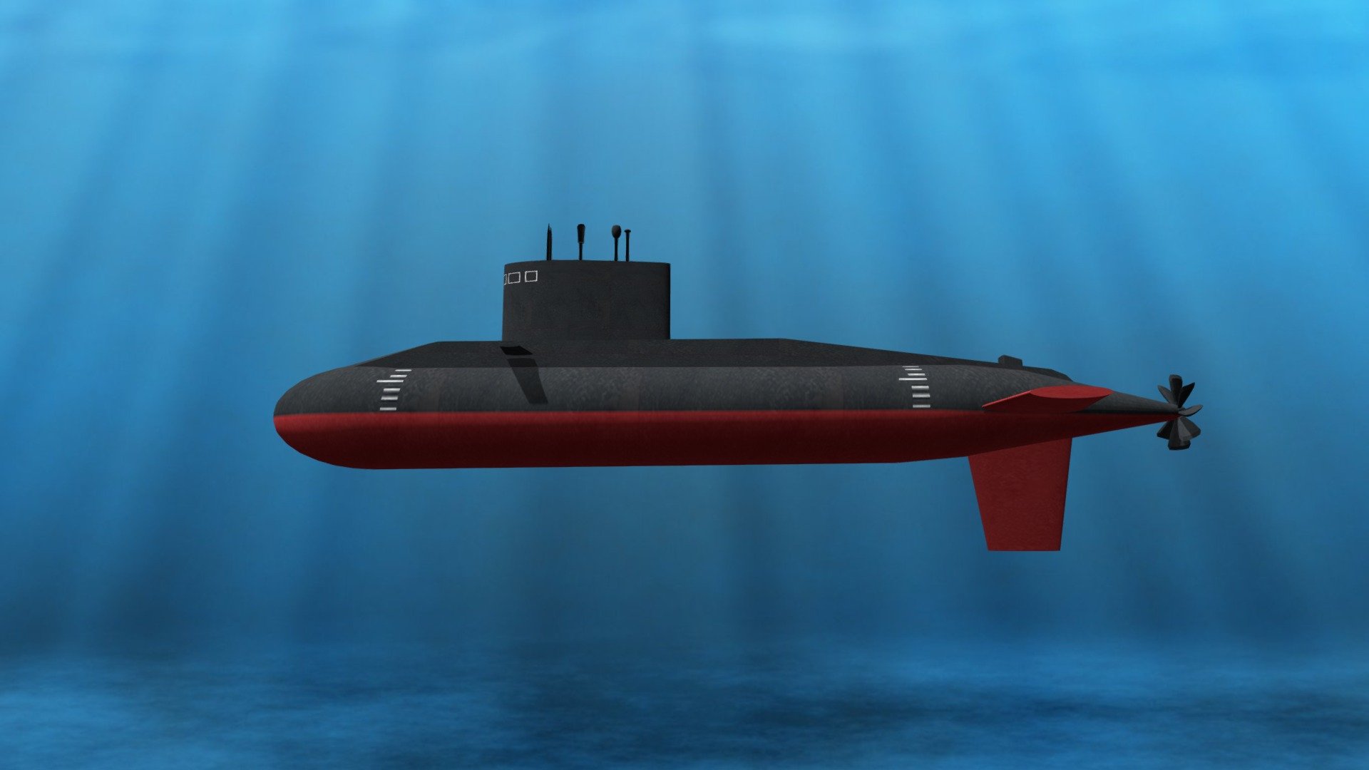 Submarino bajo el agua con haz de luz