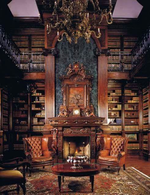Luxury private library with fireplace