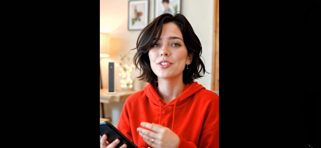 Mujer con sudadera roja sosteniendo un teléfono en el anuncio de Vodafone