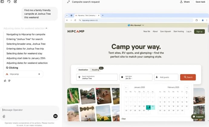 Ejemplo de reserva de campamento utilizando el navegador de OpenAI