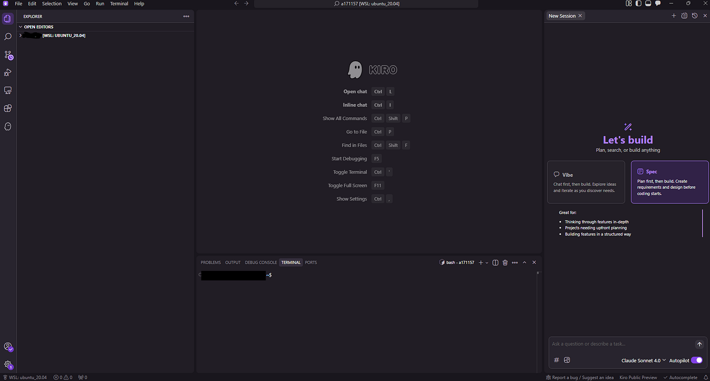 Interfaz de Kiro mostrando el editor de código con capacidades de IA