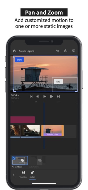 Interfaz de Adobe Premiere para iPhone mostrando funciones de edición