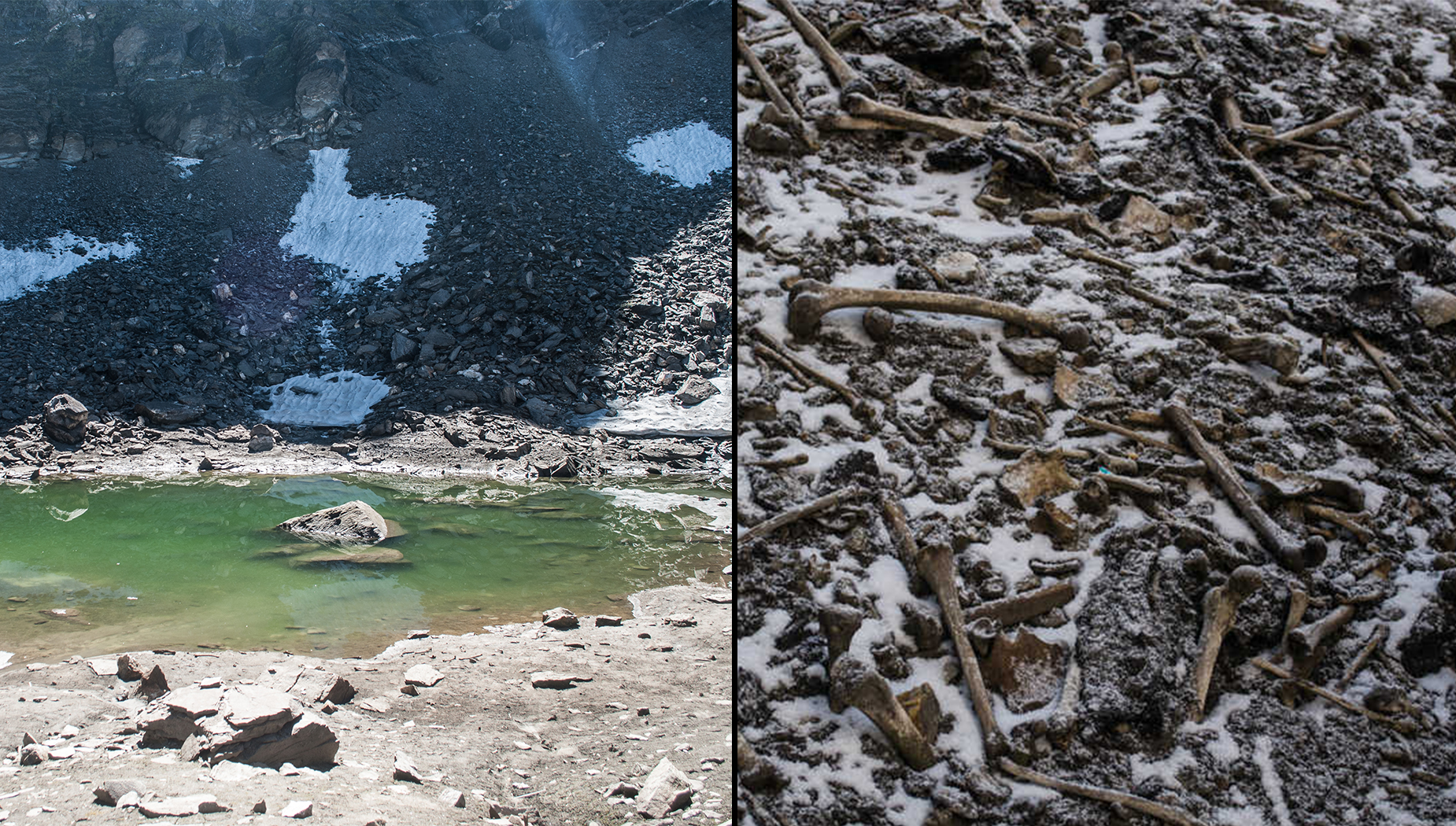 Vista aérea del lago Roopkund con restos óseos visibles en el hielo