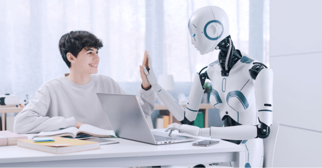 Niño dando la mano a un robot con libros y computadora sobre una mesa
