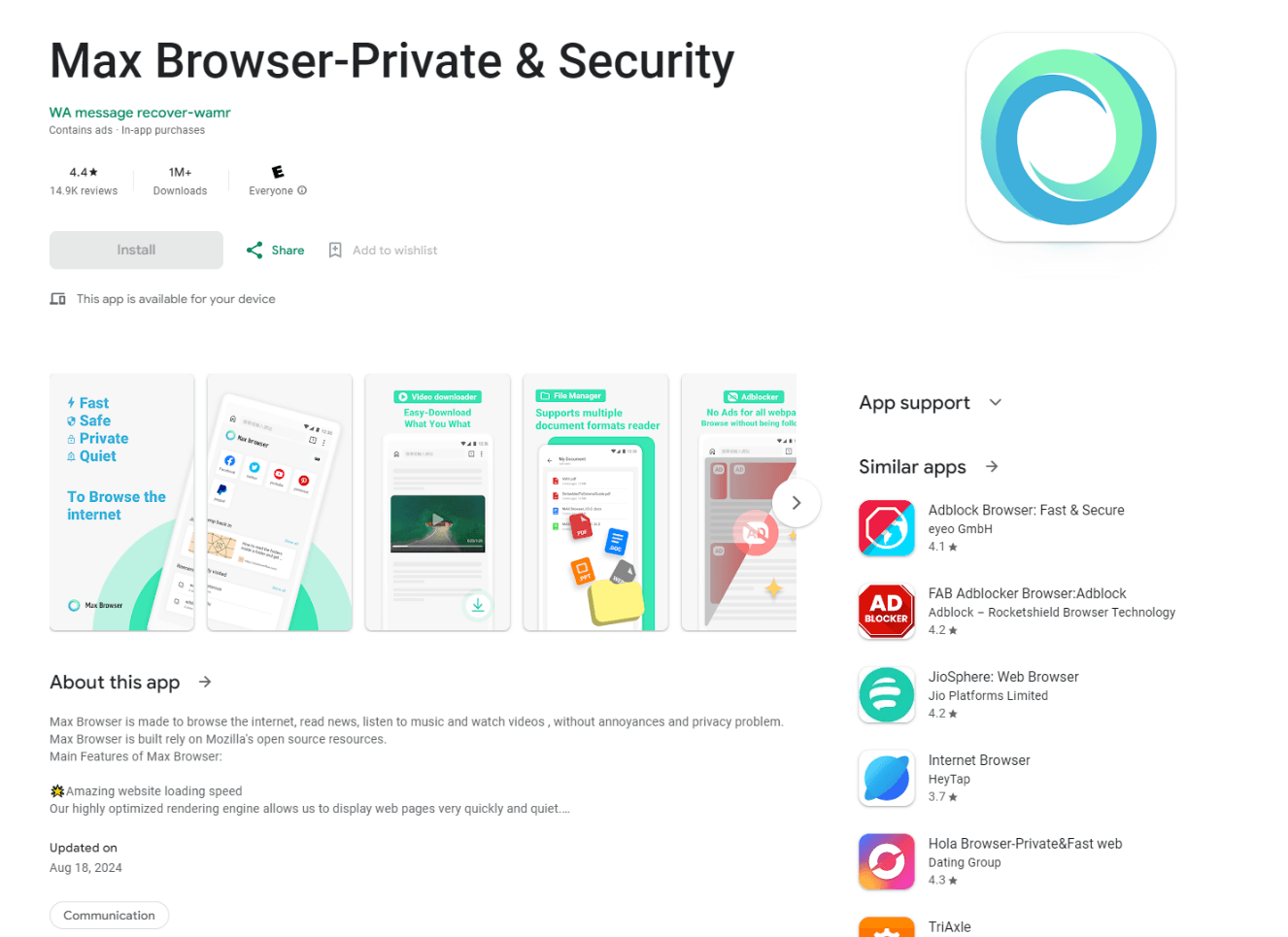Página de Max Browser en Google Play Store
