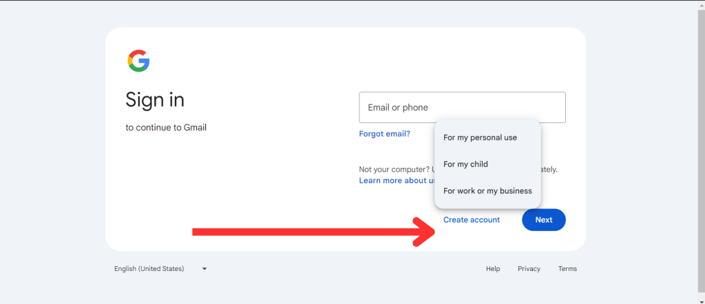 Gmail Login Page with Create Account Button