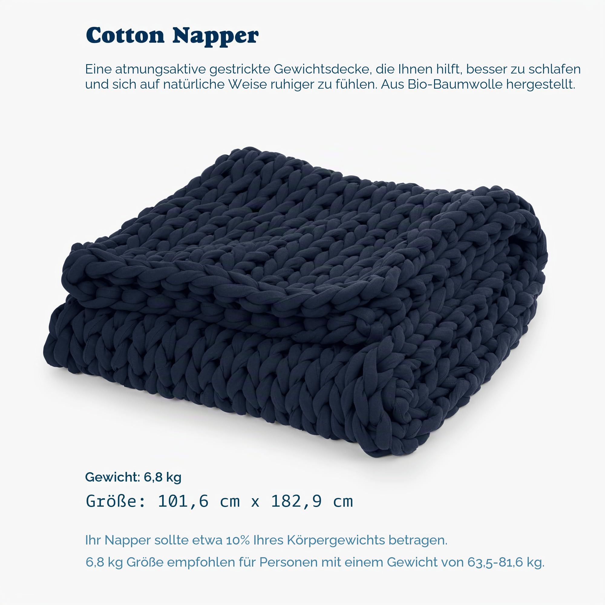 Bearaby Cotton Hand-Knit Weighted Blanket Napper 15 lbs 40x72 Midnight Blue