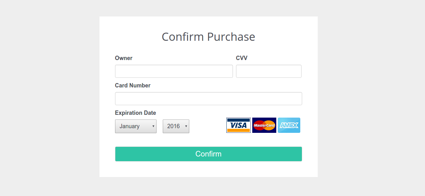 Payment form example with credit card input fields