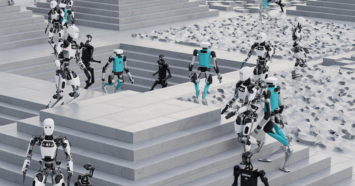 Varios robots y humanos interactuando en un entorno escalonado