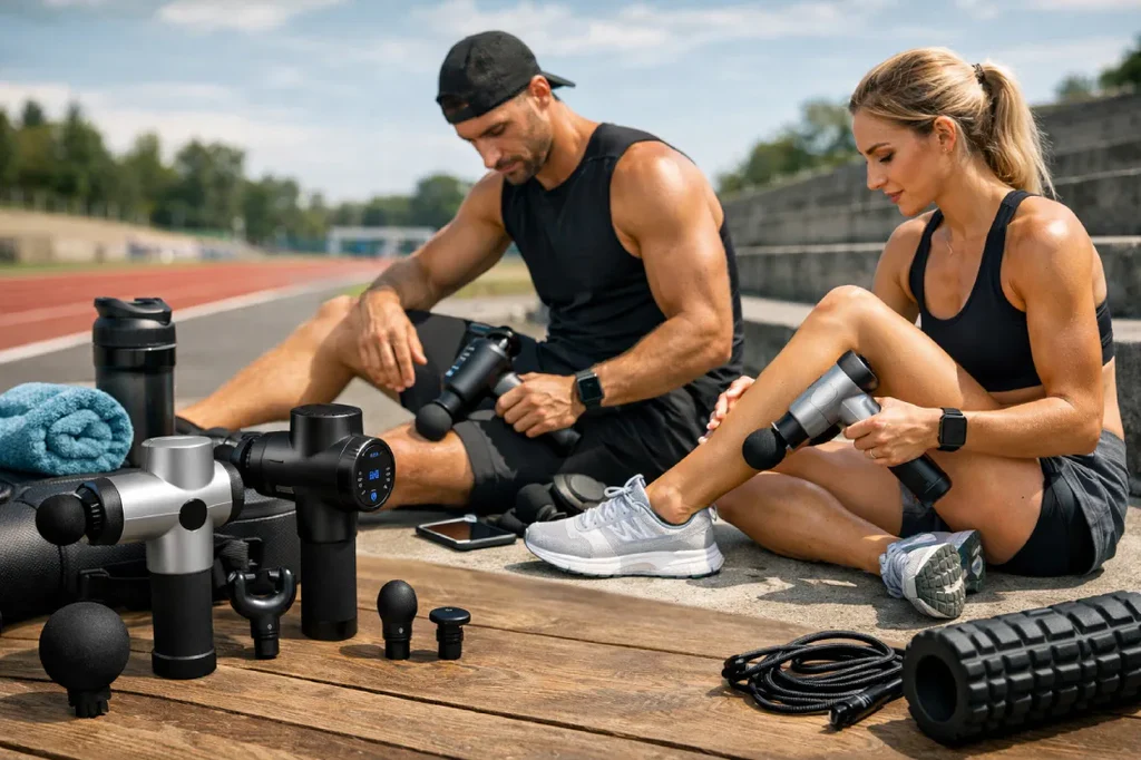 Two athletes using recovery tools outdoors
