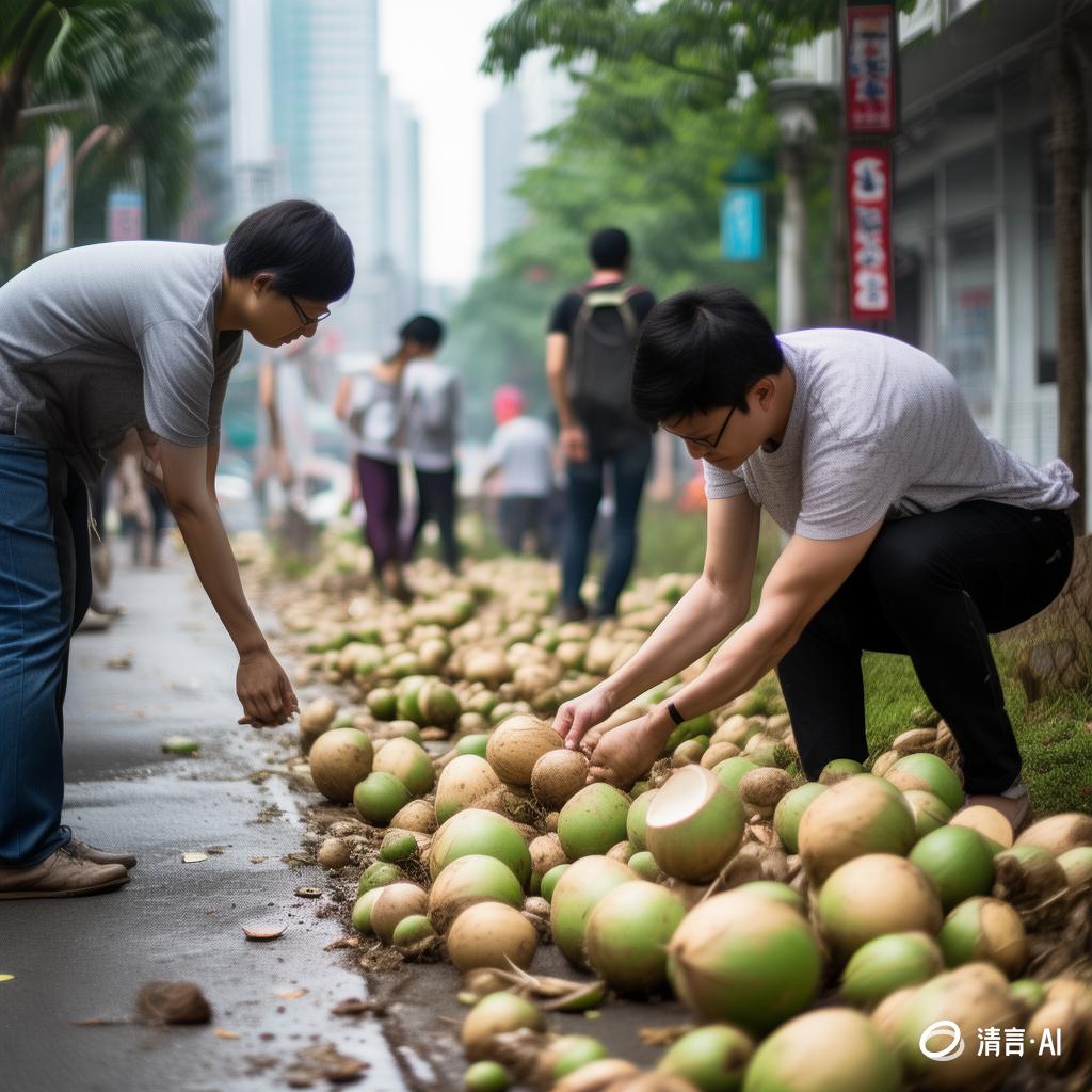 市民在台风过境后在路边捡椰子的场景