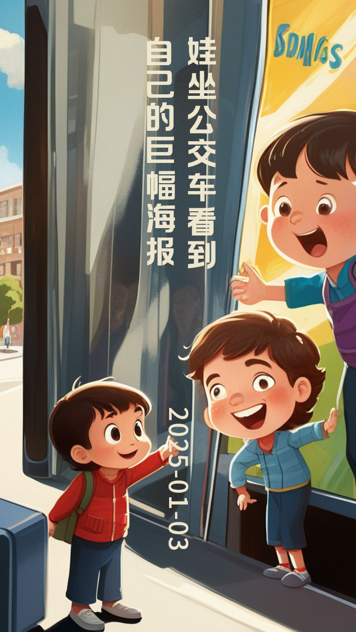 娃坐公交车看到自己的巨幅海报